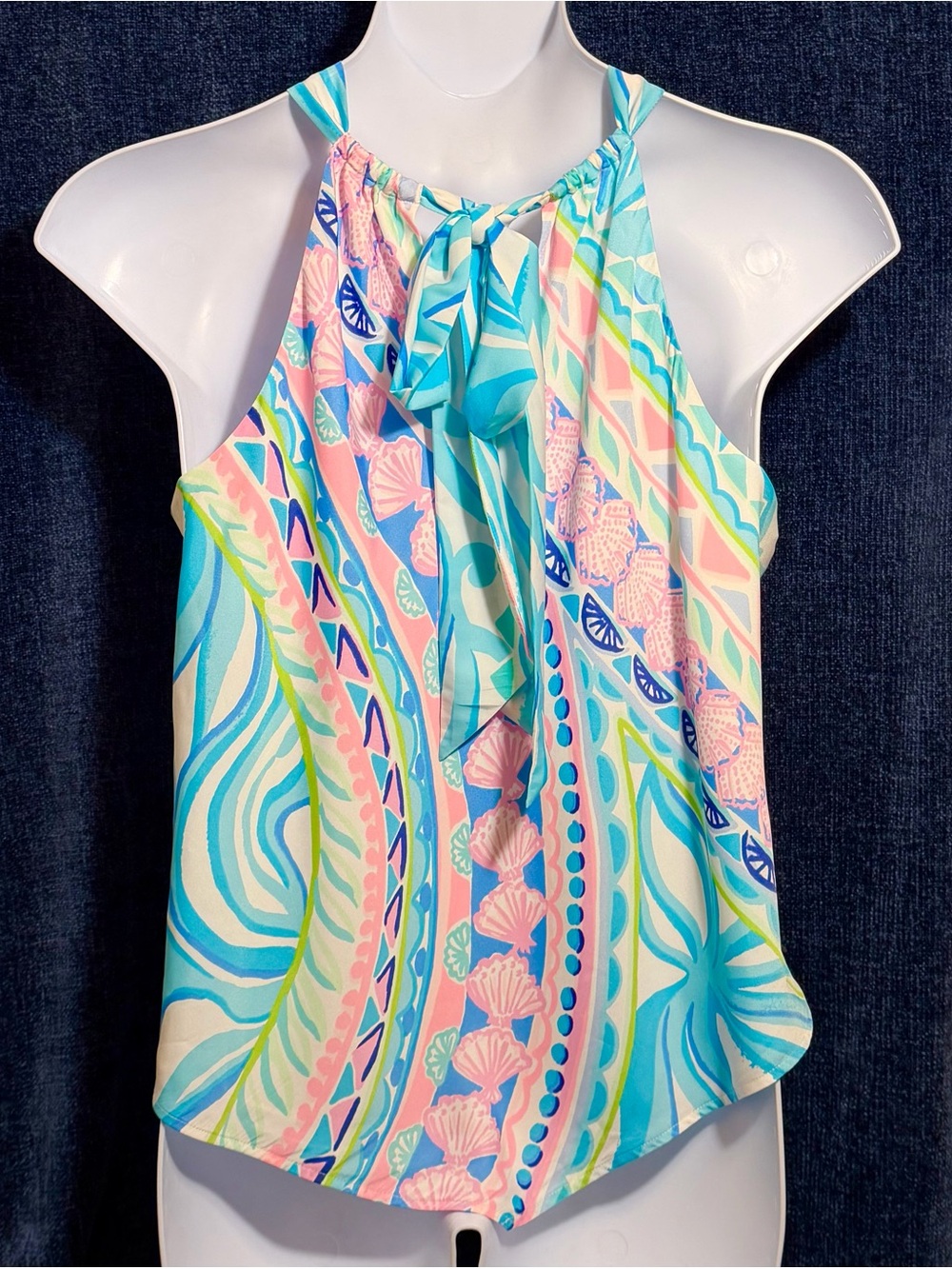 Lilly Pulitzer Julien Halter Top L pink blue gold chain - Picture 4 of 7